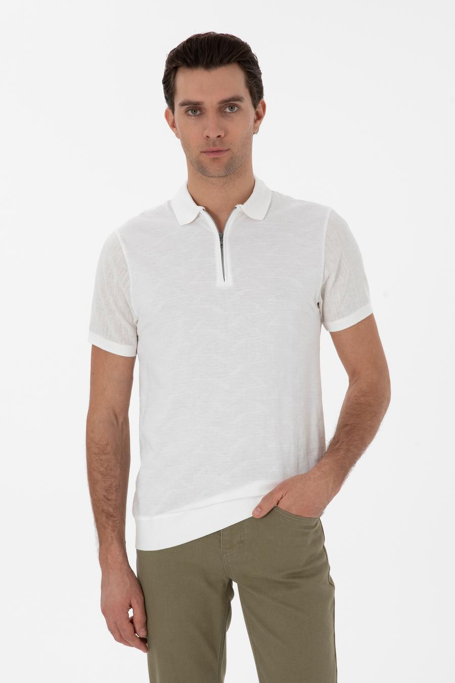 Ekru Regular Fit Fermuarlı Polo Yaka Desenli T-shirt - 50302727012