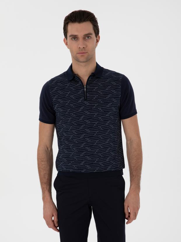 Lacivert Regular Fit Fermuarlı Polo Yaka Desenli T-shirt