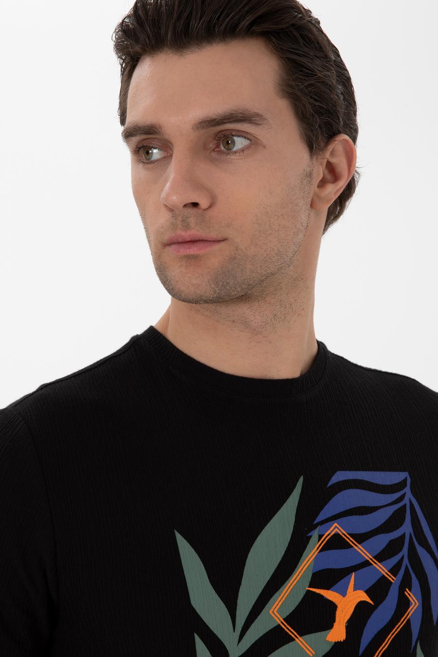 Siyah Slim Fit Bisiklet Yaka Desenli T-shirt - 50301497020