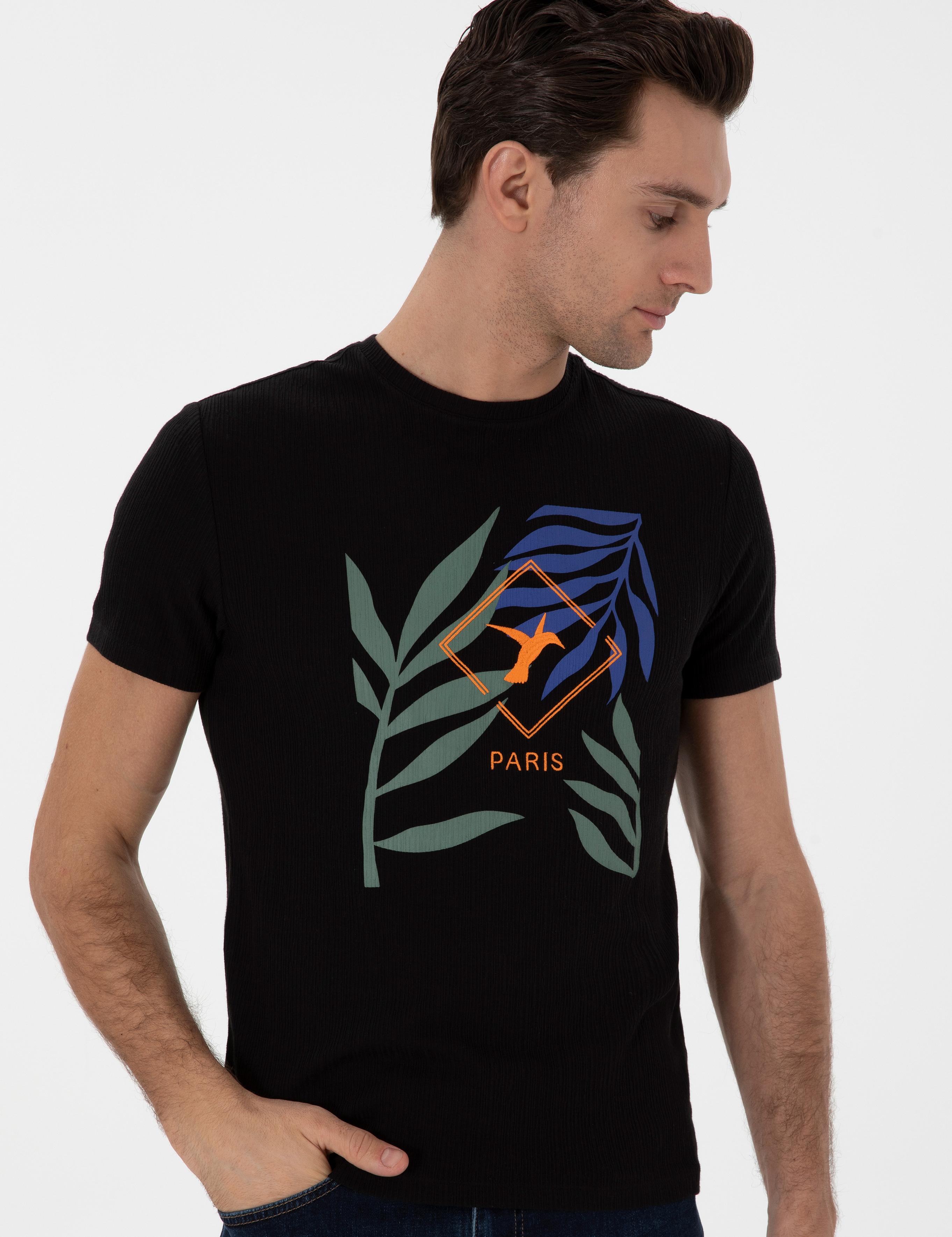 Siyah Slim Fit Bisiklet Yaka Desenli T-shirt - 50301497020