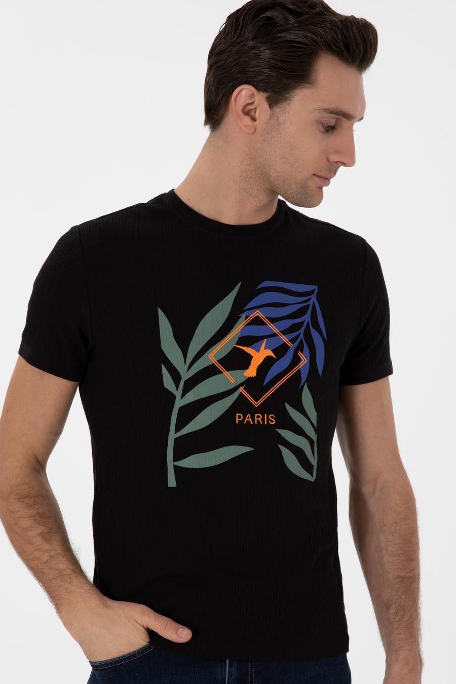 Siyah Slim Fit Bisiklet Yaka Desenli T-shirt - 50301497020