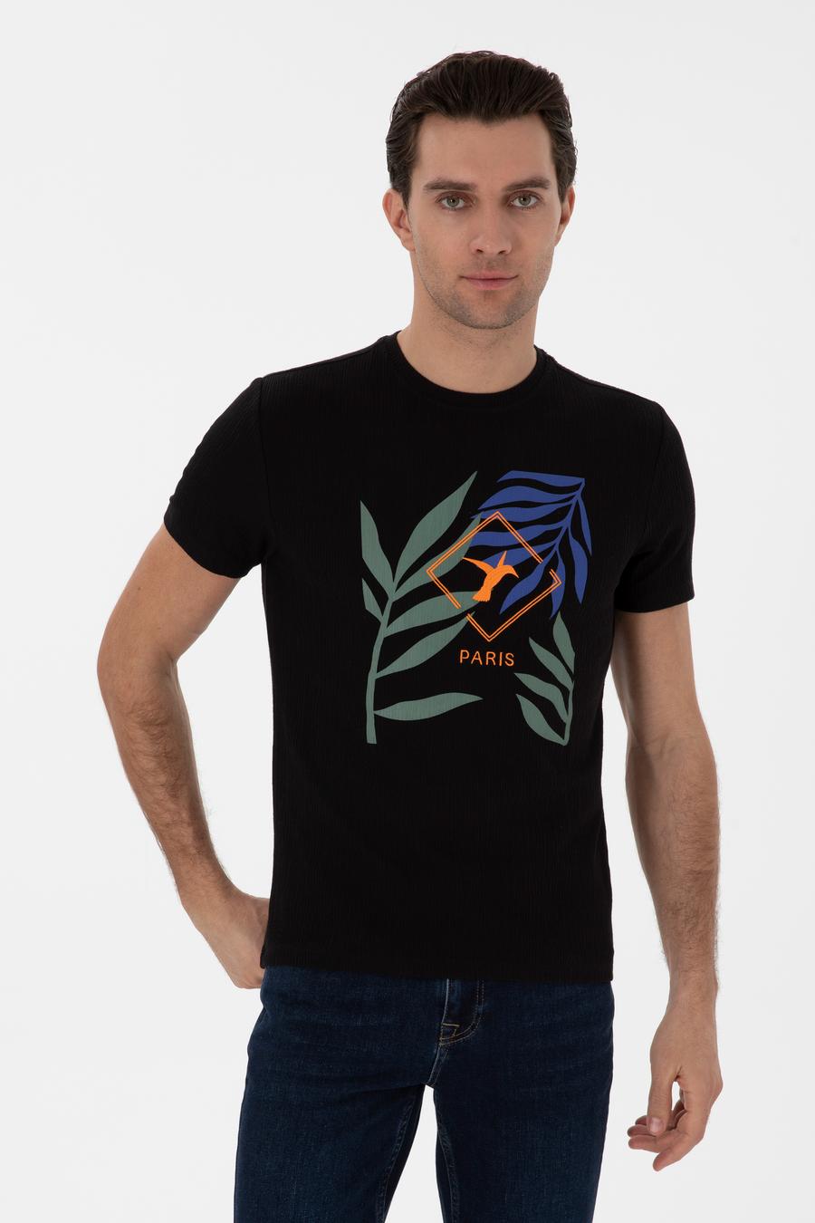 Siyah Slim Fit Bisiklet Yaka Desenli T-shirt - 50301497020