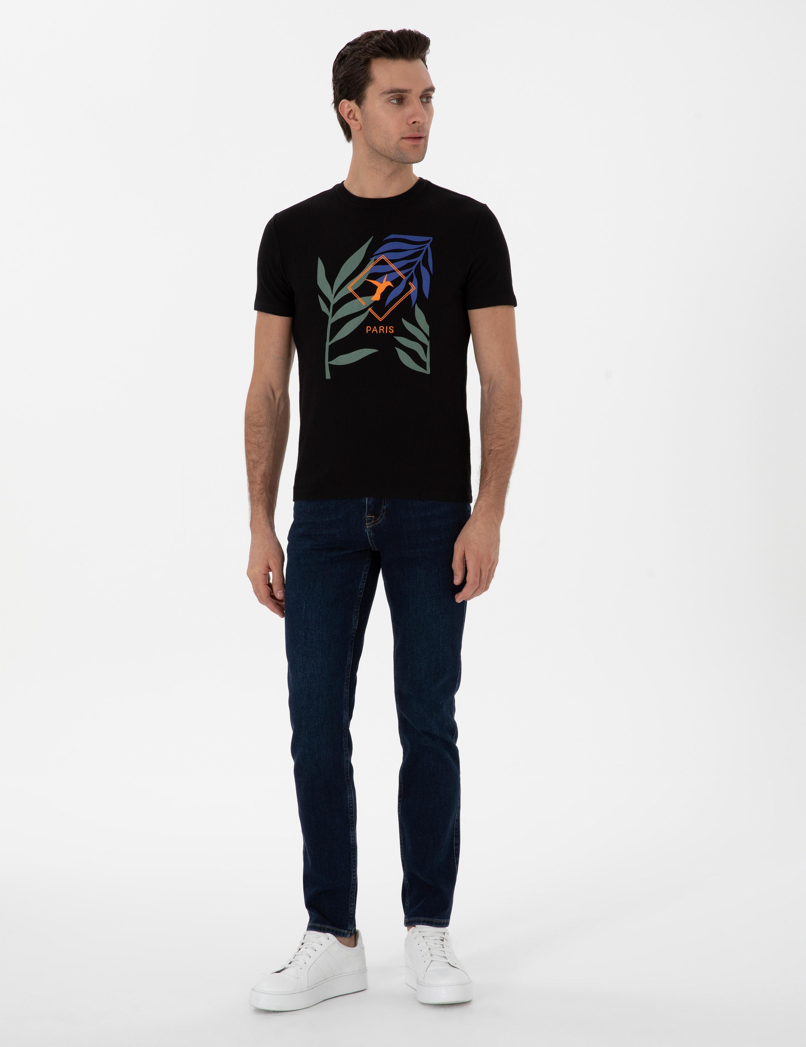 Siyah Slim Fit Bisiklet Yaka Desenli T-shirt - 50301497020