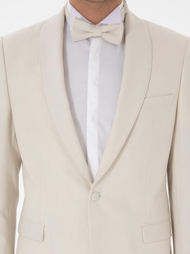 Ekru Slim Fit Şal Yaka Smokin Damatlık