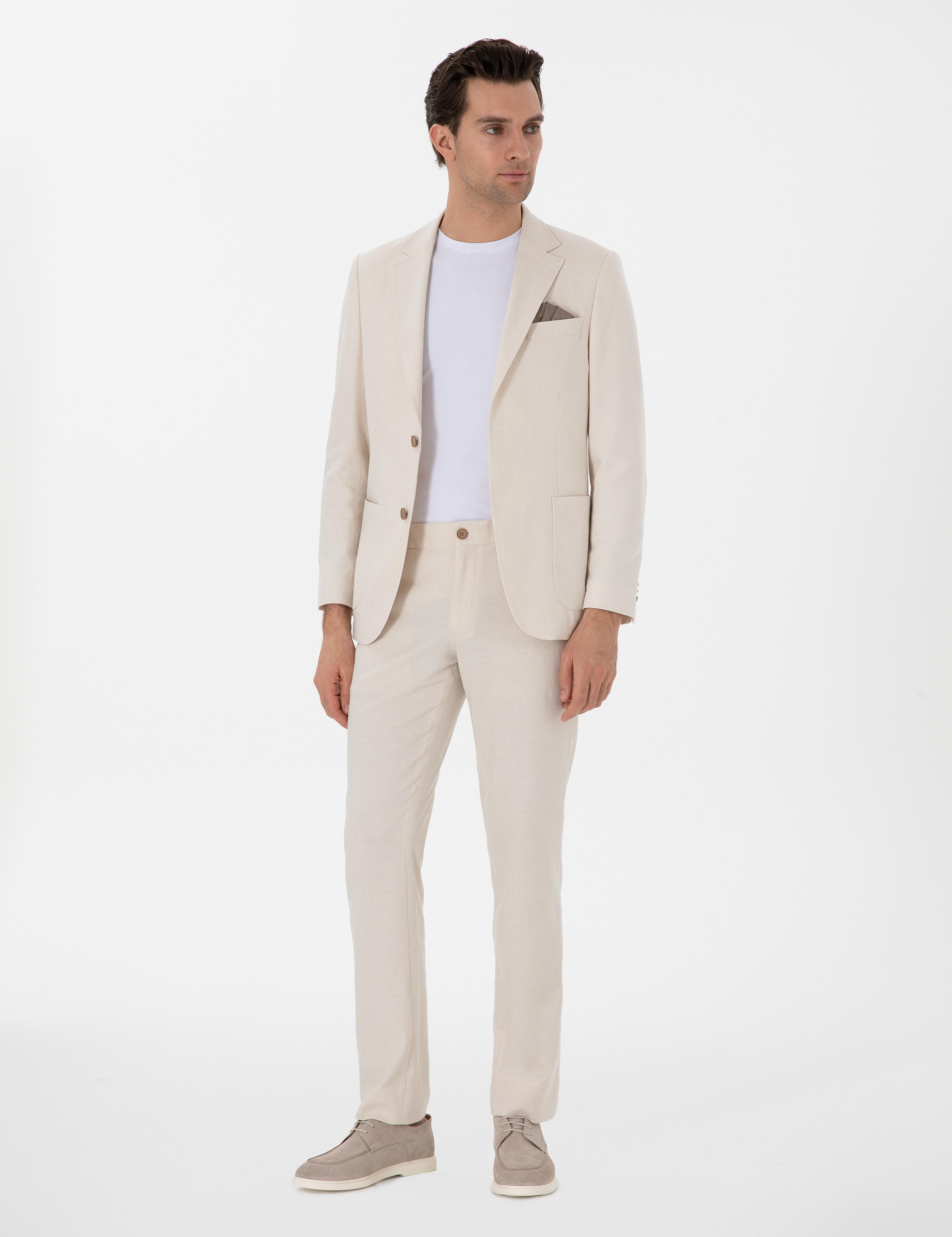 Ekru Slim Fit Keten Karışımlı Takım Elbise - 50306891038