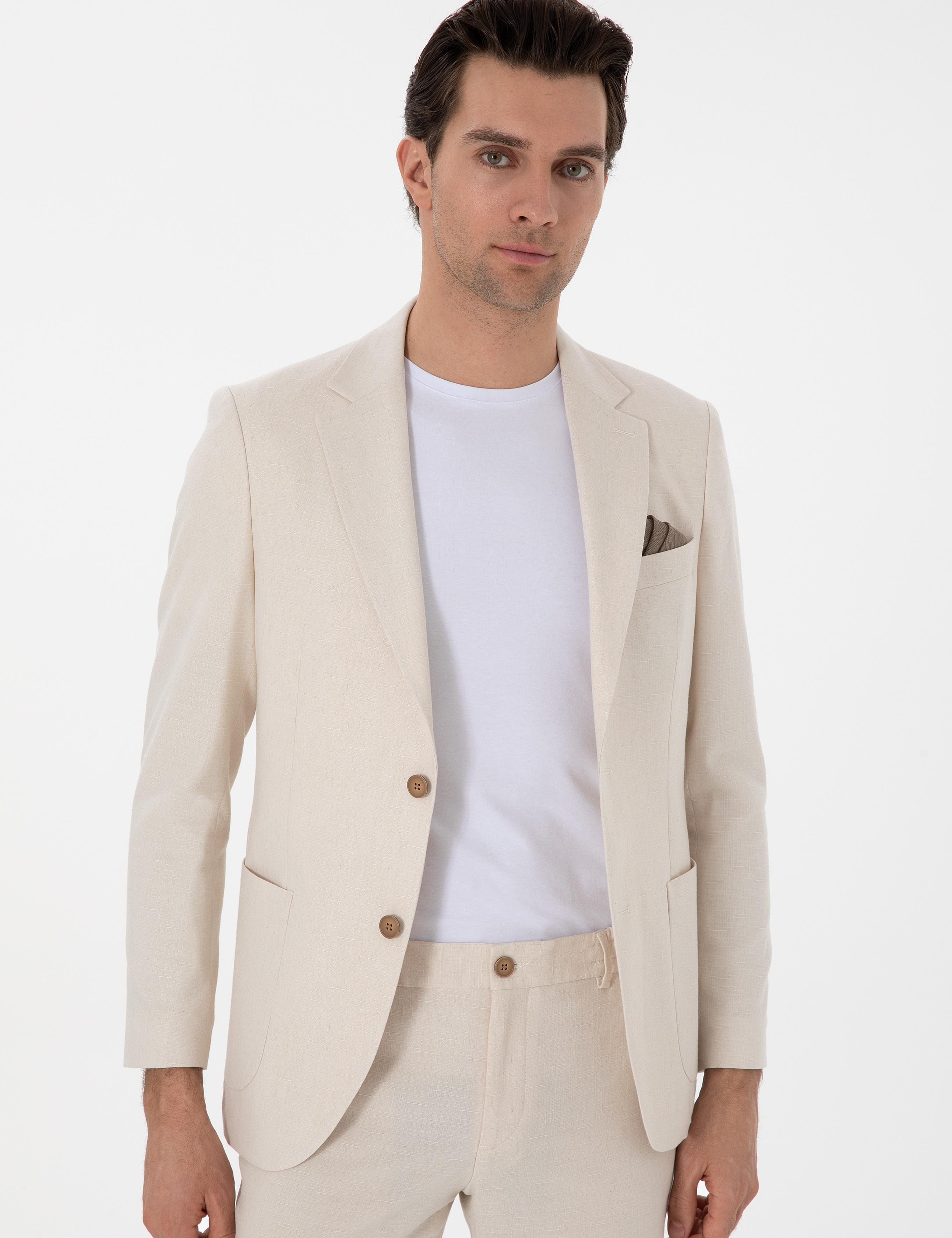 Ekru Slim Fit Keten Karışımlı Takım Elbise - 50306891038