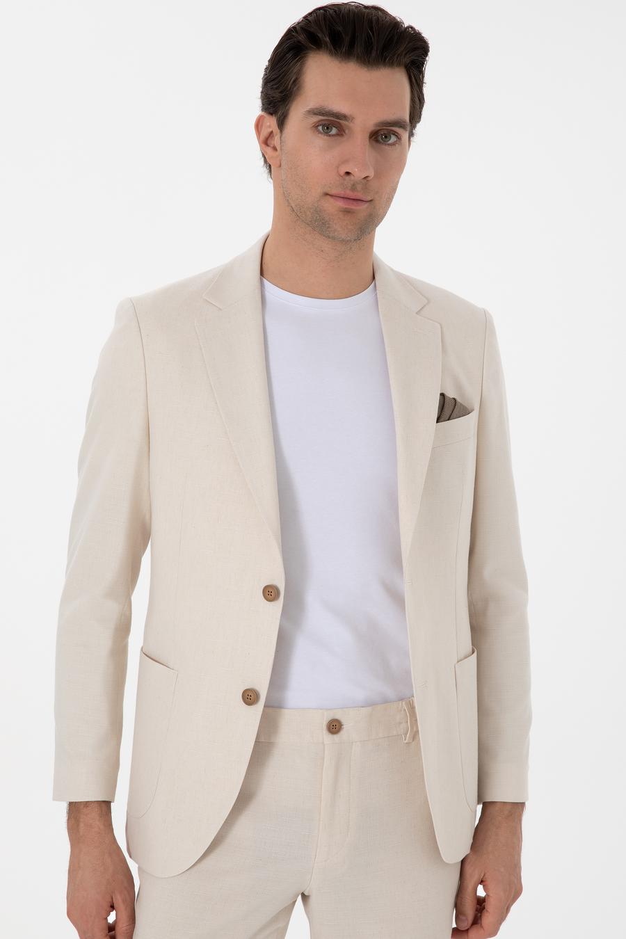 Ekru Slim Fit Keten Karışımlı Takım Elbise - 50306891038