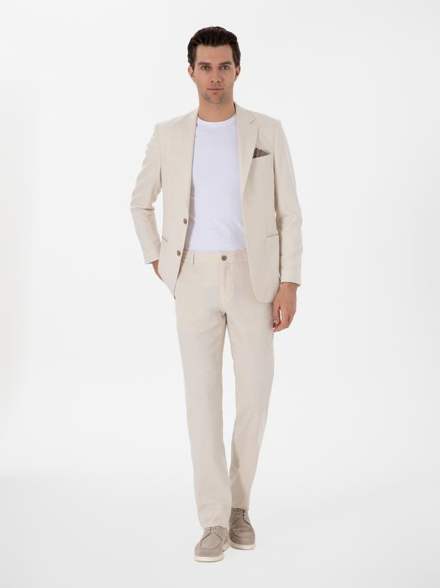 Ekru Slim Fit Keten Karışımlı Takım Elbise
