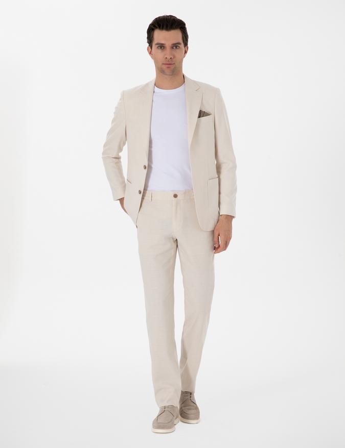 Ekru Slim Fit Keten Karışımlı Takım Elbise