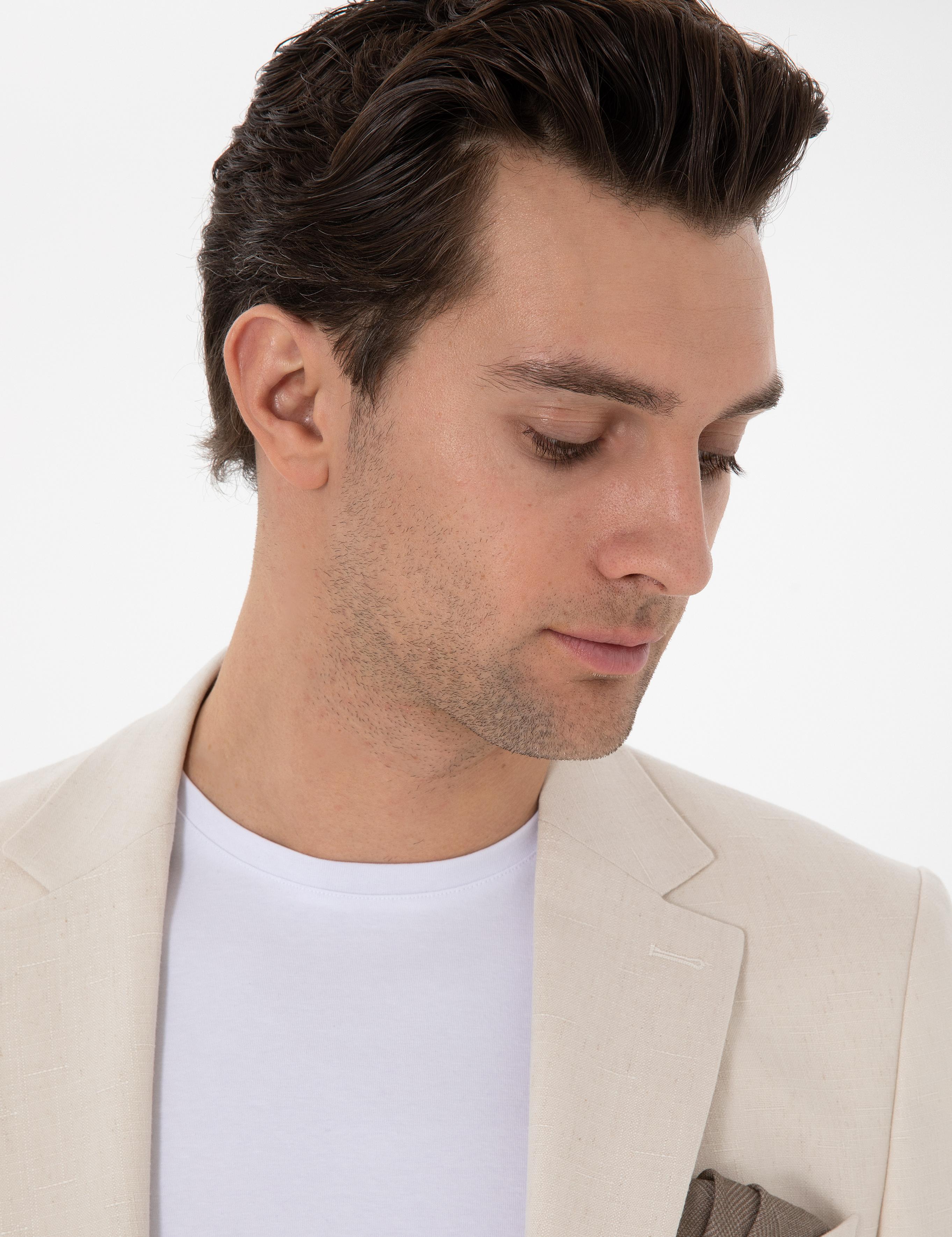 Ekru Slim Fit Keten Karışımlı Takım Elbise - 50306891038