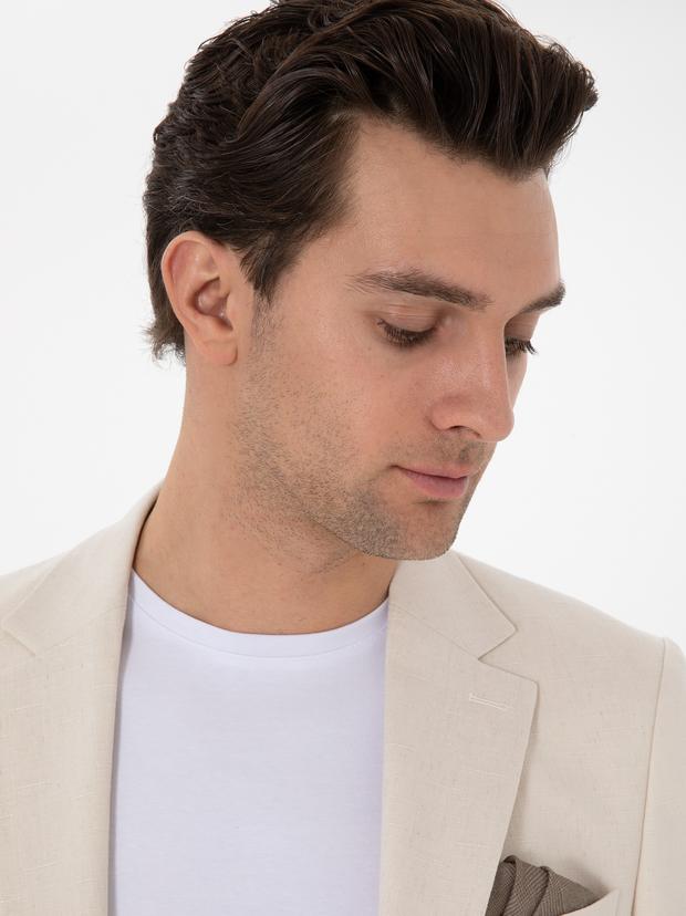 Ekru Slim Fit Keten Karışımlı Takım Elbise