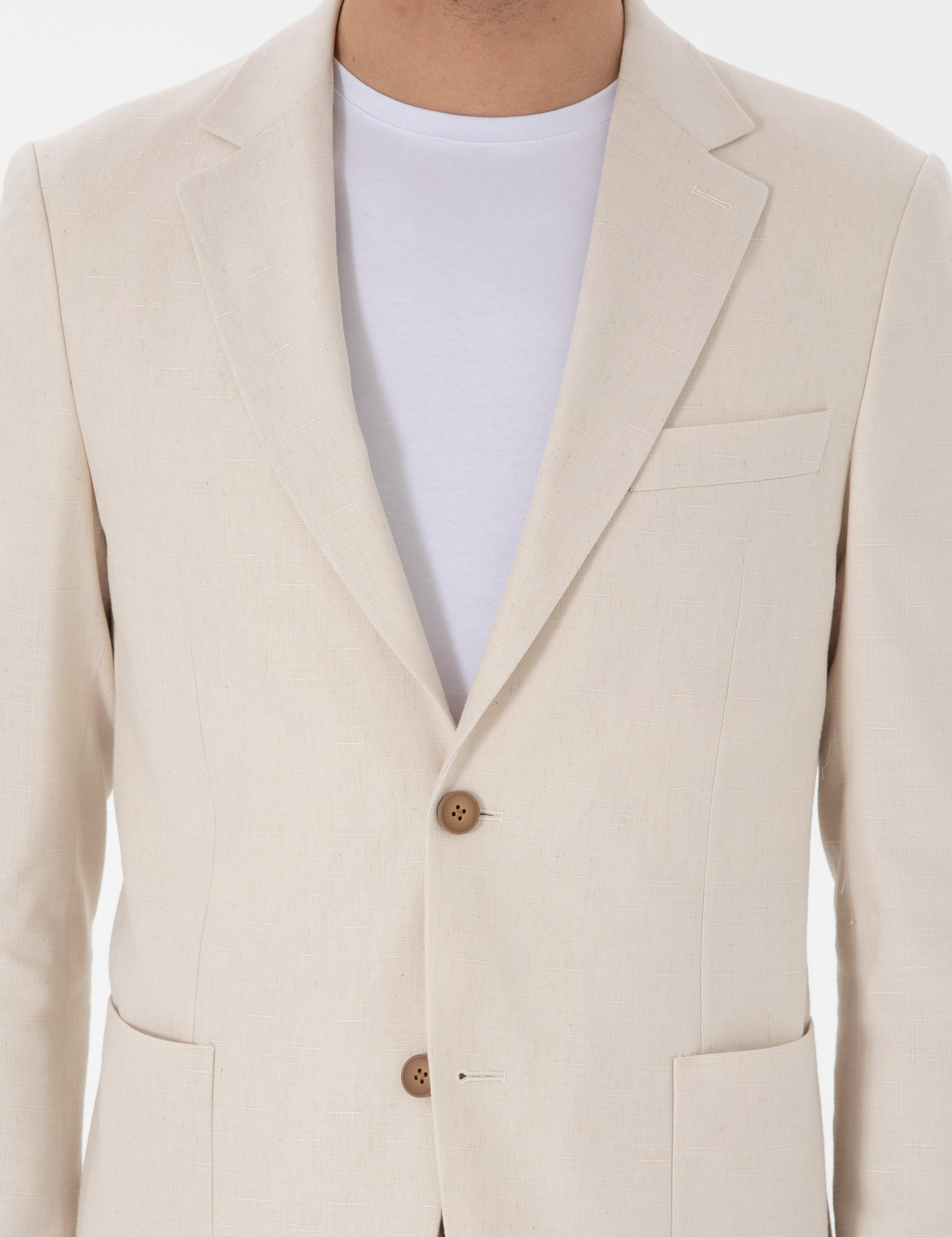 Ekru Slim Fit Keten Karışımlı Takım Elbise - 50306891038