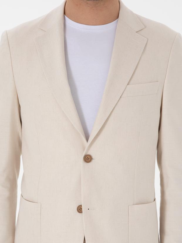 Ekru Slim Fit Keten Karışımlı Takım Elbise