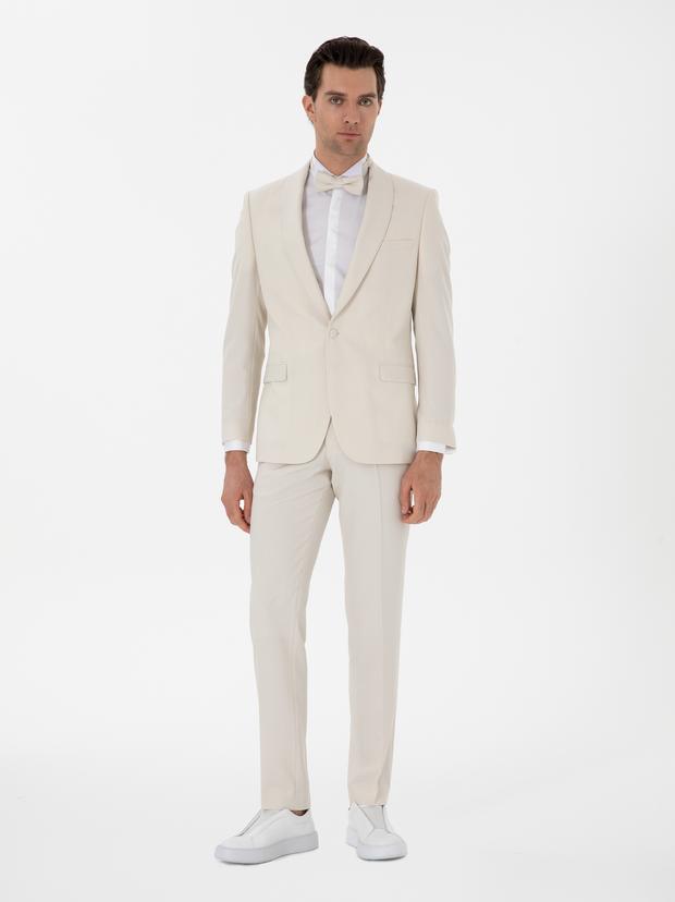 Ekru Slim Fit Şal Yaka Smokin Damatlık
