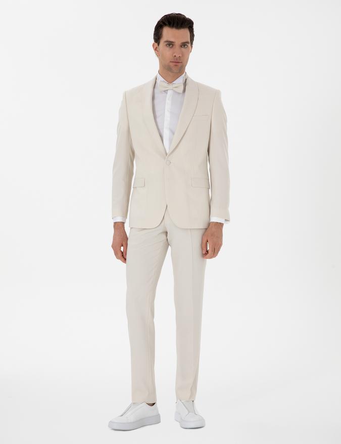 Ekru Slim Fit Şal Yaka Smokin Damatlık