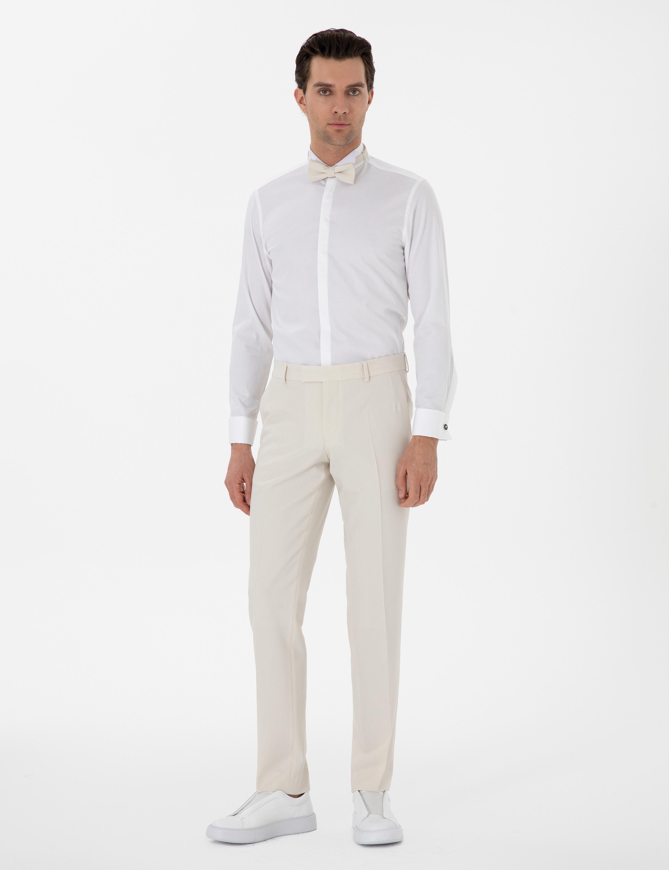 Beyaz Slim Fit Pamuk Karışımlı Ata Yaka Smokin Gömlek - 50304086007