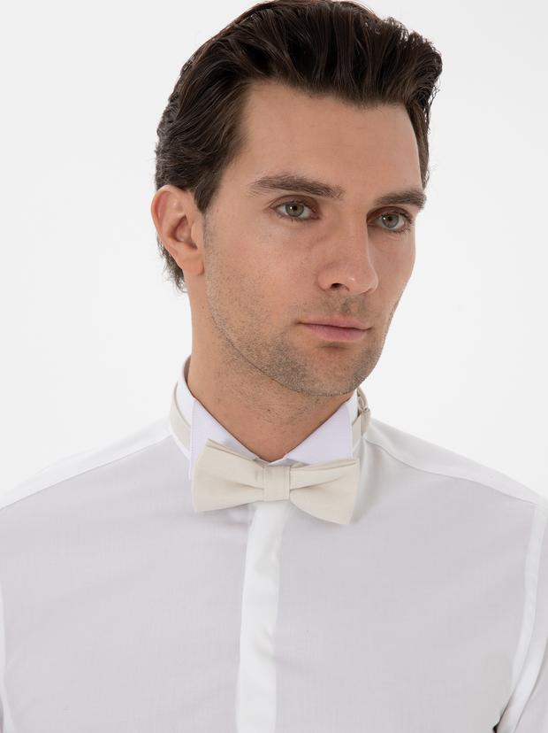Beyaz Slim Fit Pamuk Karışımlı Ata Yaka Smokin Gömlek