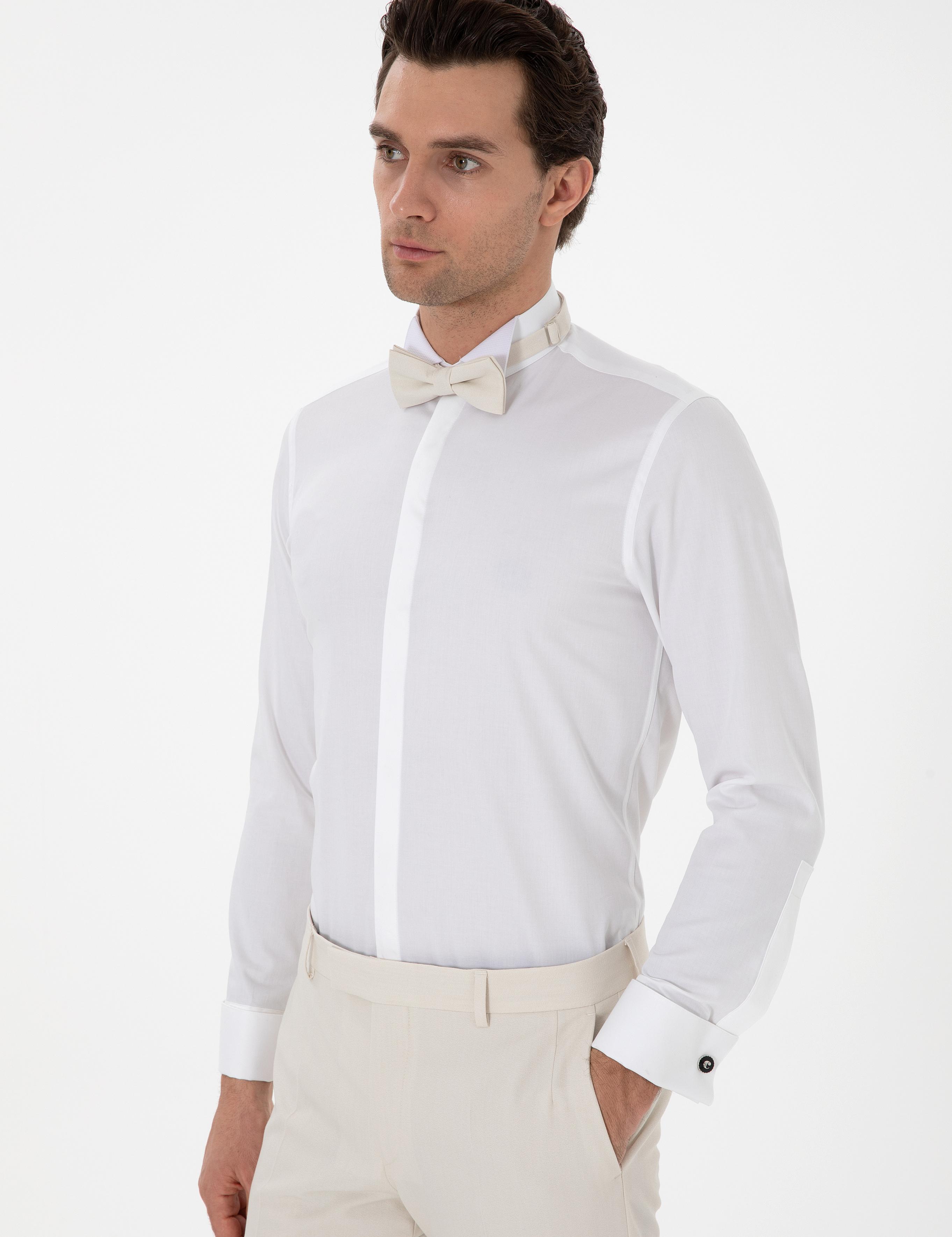 Beyaz Slim Fit Pamuk Karışımlı Ata Yaka Smokin Gömlek - 50304086007