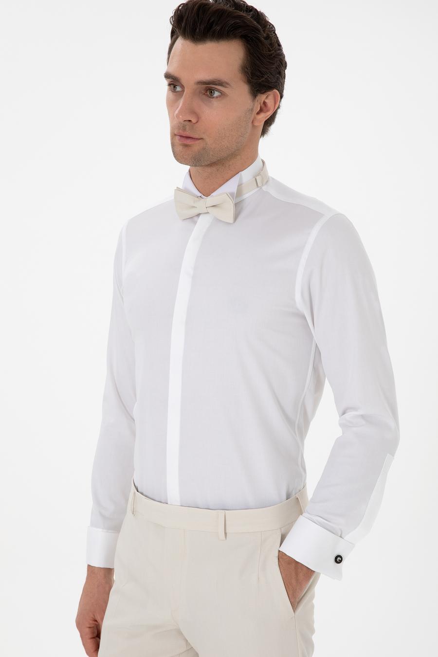 Beyaz Slim Fit Pamuk Karışımlı Ata Yaka Smokin Gömlek - 50304086007