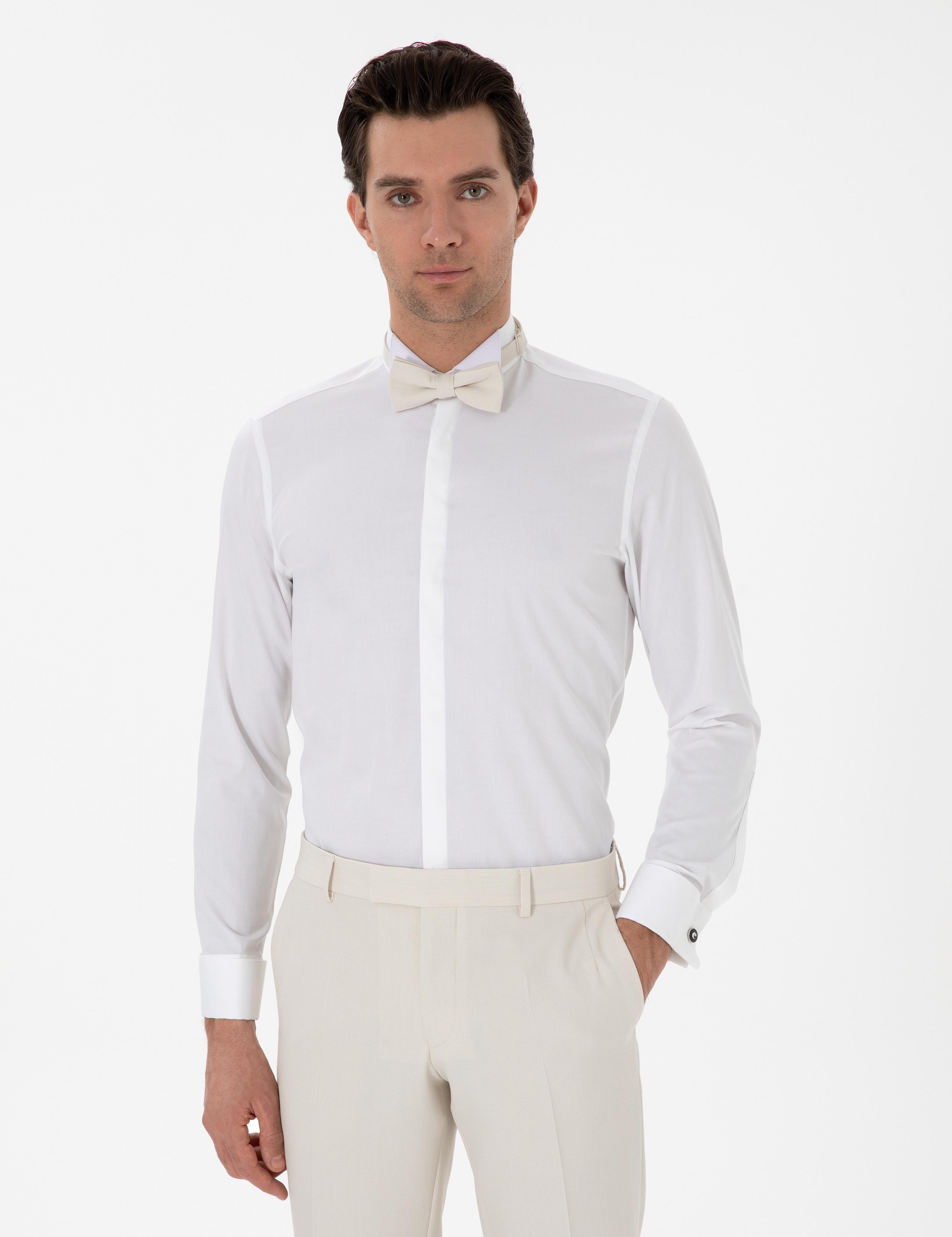 Beyaz Slim Fit Pamuk Karışımlı Ata Yaka Smokin Gömlek - 50304086007