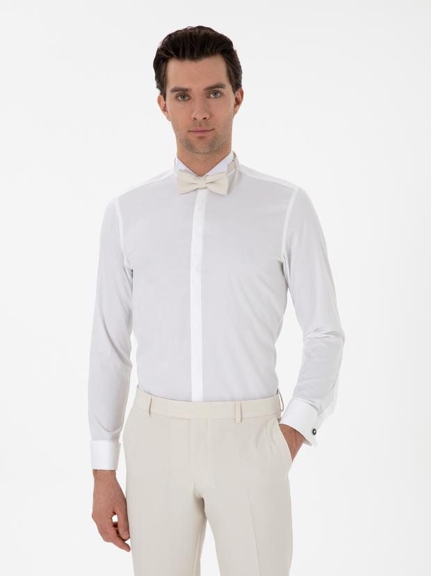Beyaz Slim Fit Pamuk Karışımlı Ata Yaka Smokin Gömlek