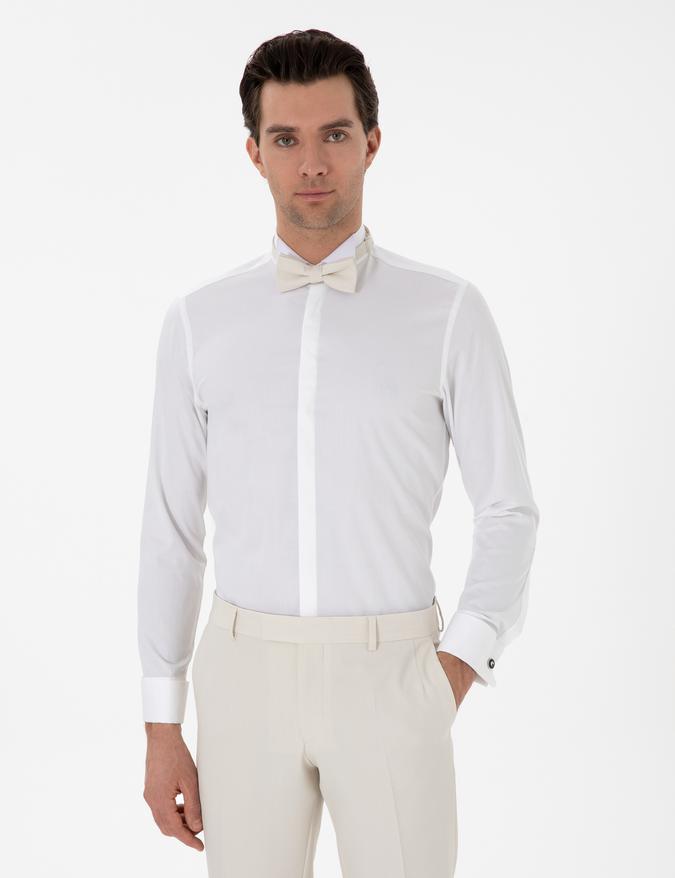 Beyaz Slim Fit Pamuk Karışımlı Ata Yaka Smokin Gömlek