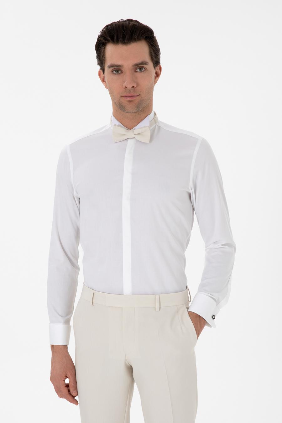 Beyaz Slim Fit Pamuk Karışımlı Ata Yaka Smokin Gömlek - 50304086007