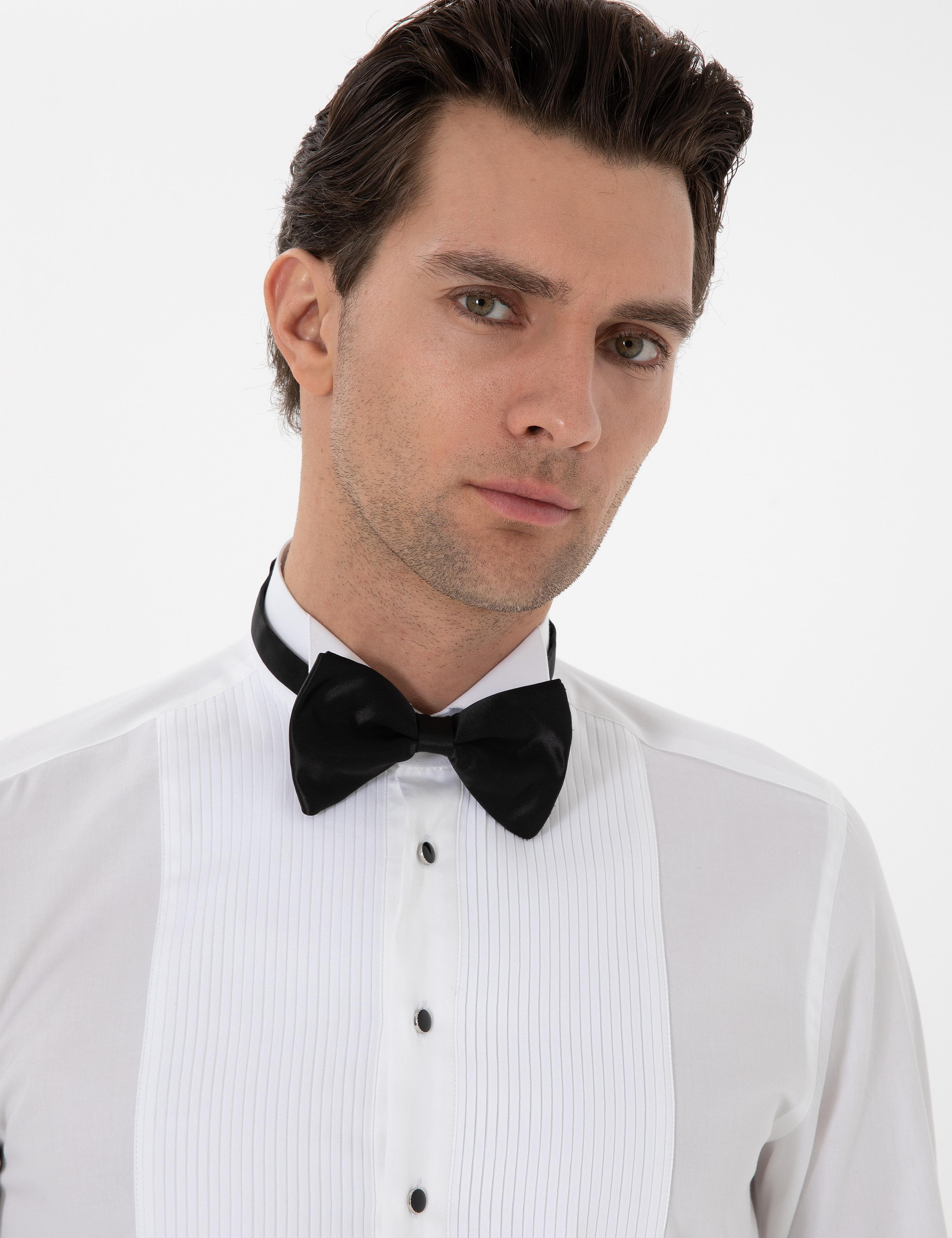 Beyaz Slim Fit Pamuk Karışımlı Ata Yaka Smokin Gömlek - 50308852005