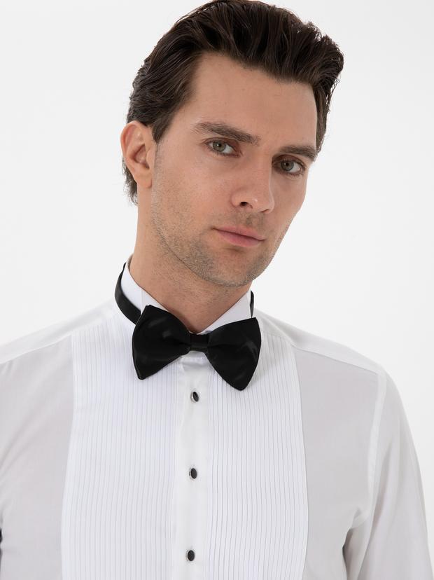 Beyaz Slim Fit Pamuk Karışımlı Ata Yaka Smokin Gömlek