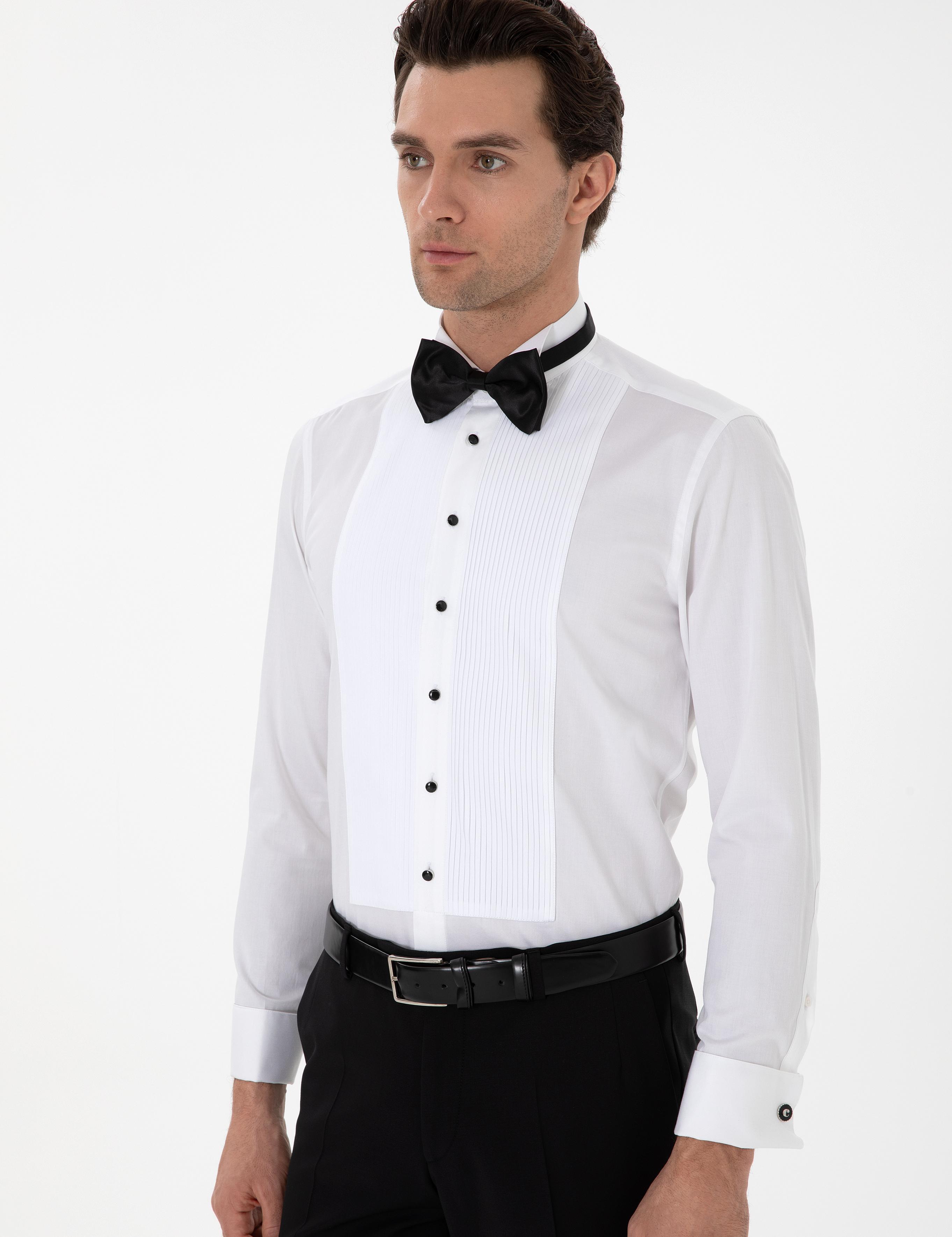 Beyaz Slim Fit Pamuk Karışımlı Ata Yaka Smokin Gömlek - 50308852005
