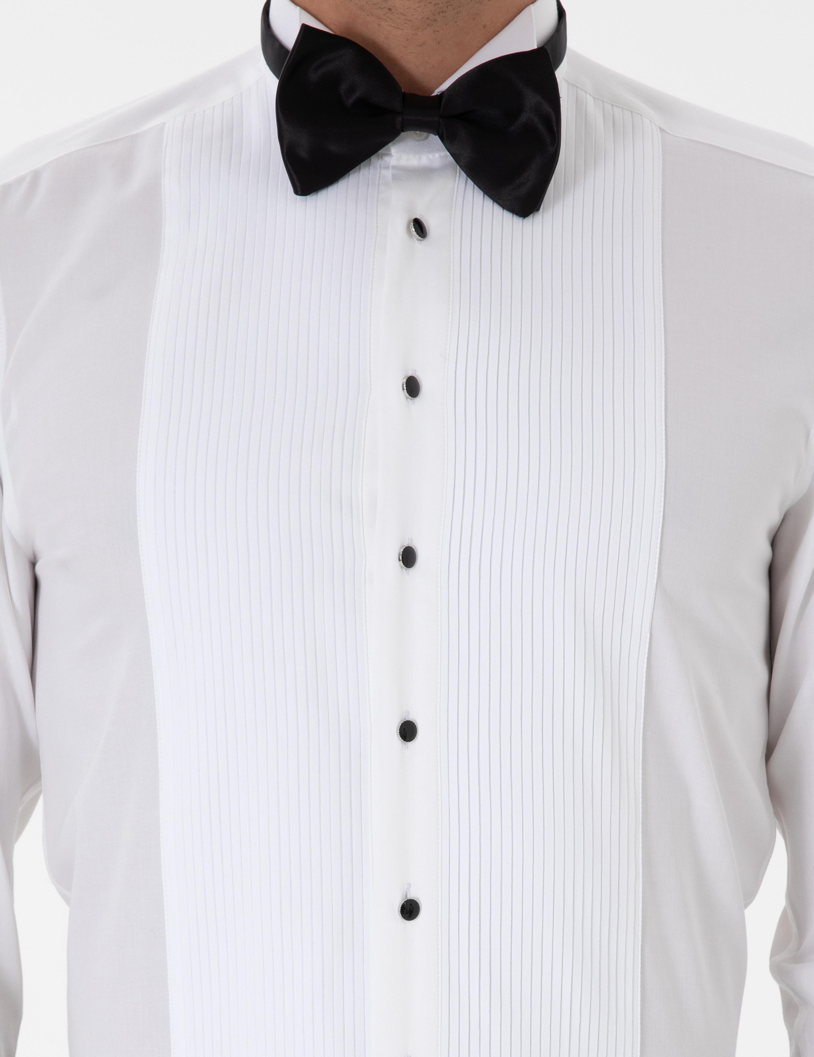 Beyaz Slim Fit Pamuk Karışımlı Ata Yaka Smokin Gömlek - 50308852005