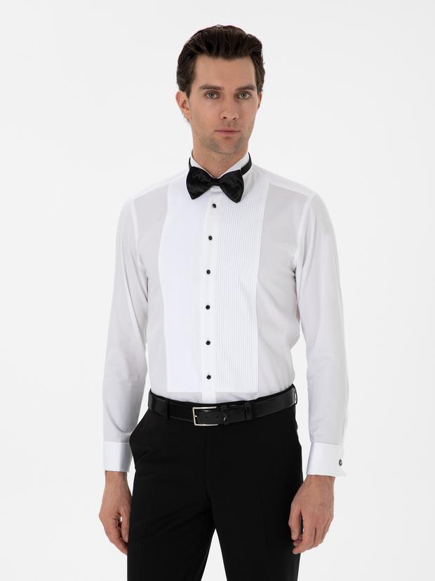 Beyaz Slim Fit Pamuk Karışımlı Ata Yaka Smokin Gömlek
