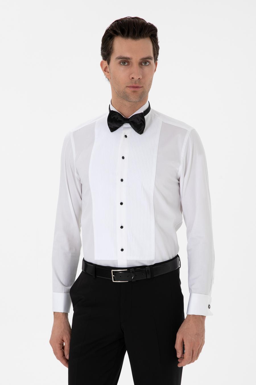 Beyaz Slim Fit Pamuk Karışımlı Ata Yaka Smokin Gömlek - 50308852005