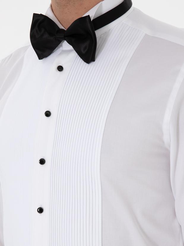 Beyaz Slim Fit Pamuk Karışımlı Ata Yaka Smokin Gömlek