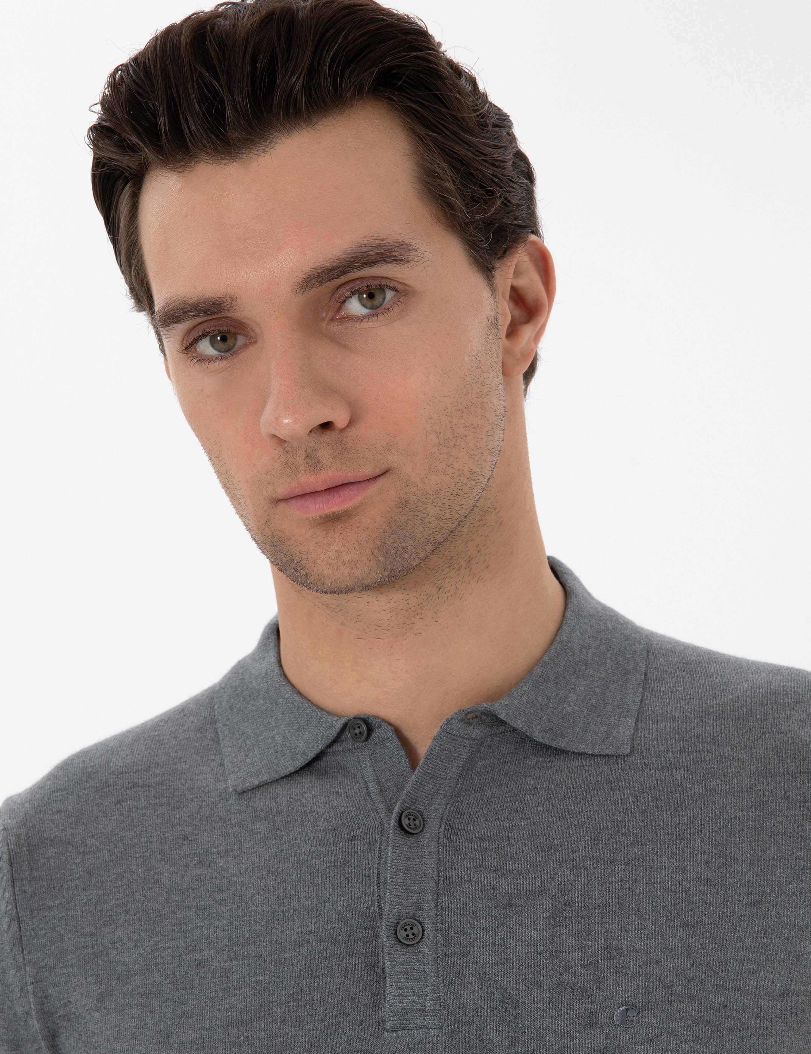 Gri Slim Fit Polo Yaka Triko Kazak - 50311800004