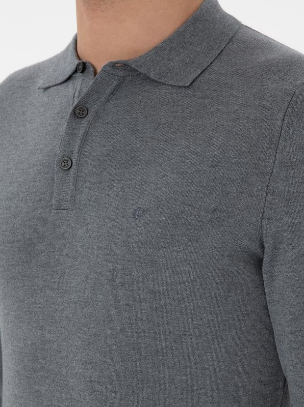 Gri Slim Fit Polo Yaka Triko Kazak