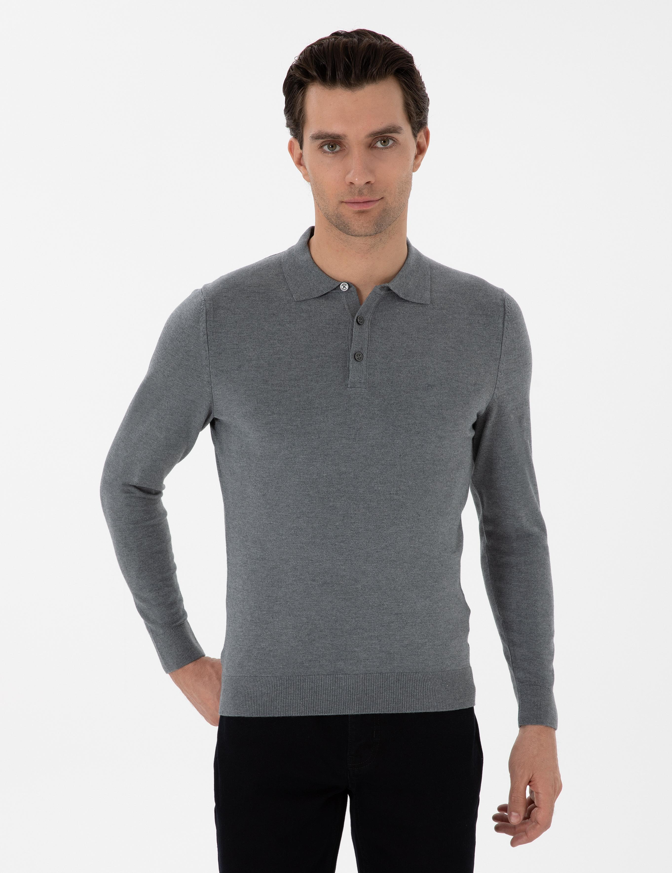 Gri Slim Fit Polo Yaka Triko Kazak - 50311800004