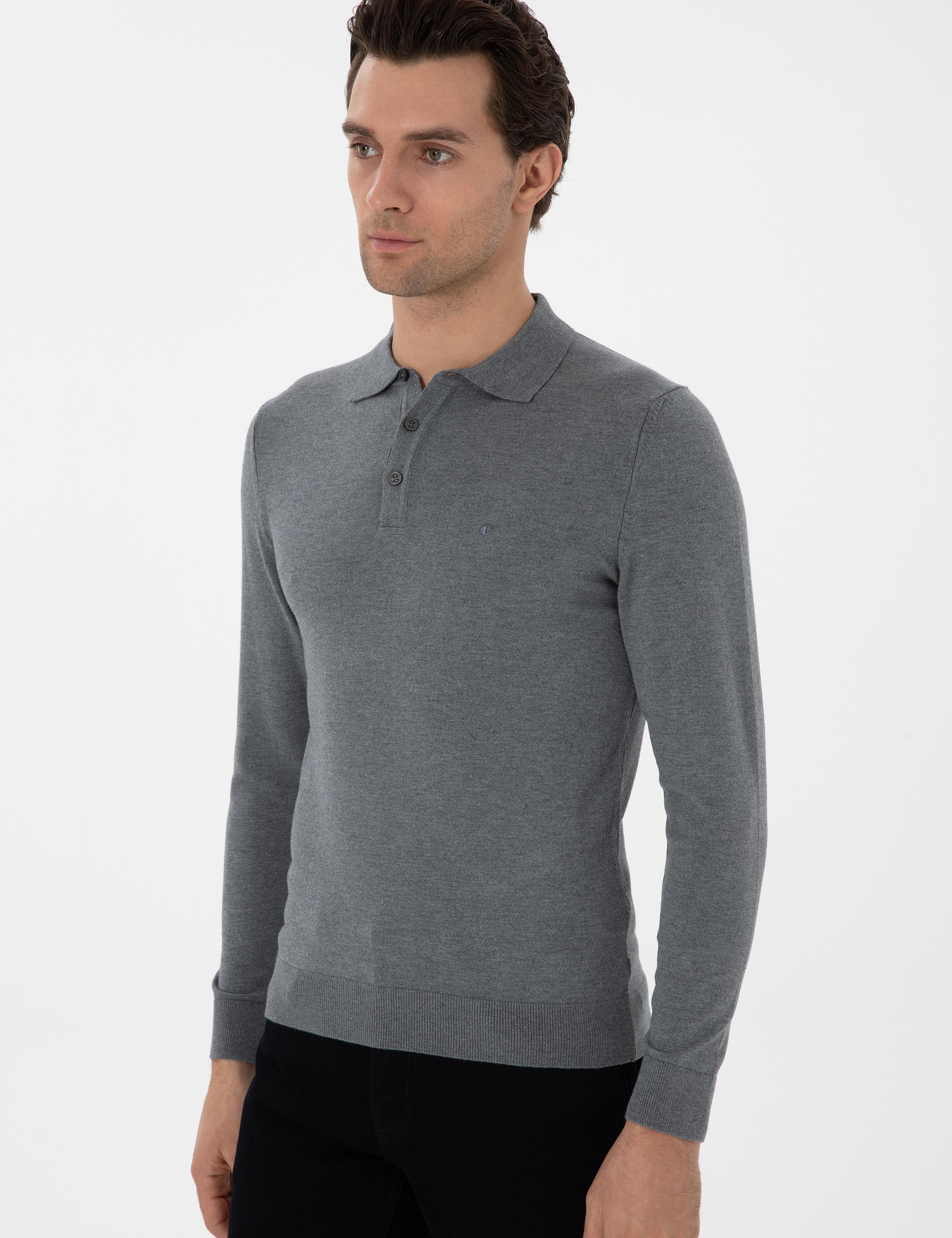 Gri Slim Fit Polo Yaka Triko Kazak - 50311800004