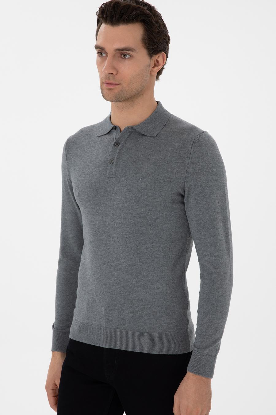 Gri Slim Fit Polo Yaka Triko Kazak - 50311800004