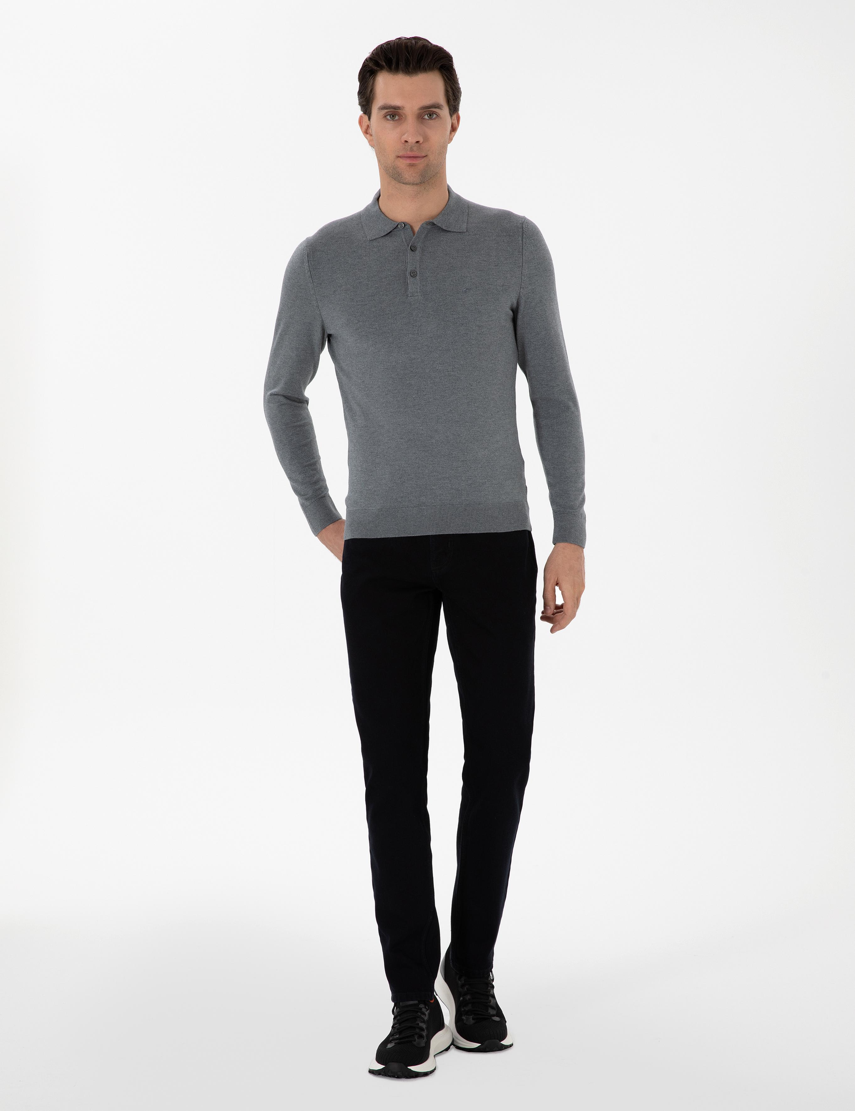 Gri Slim Fit Polo Yaka Triko Kazak - 50311800004