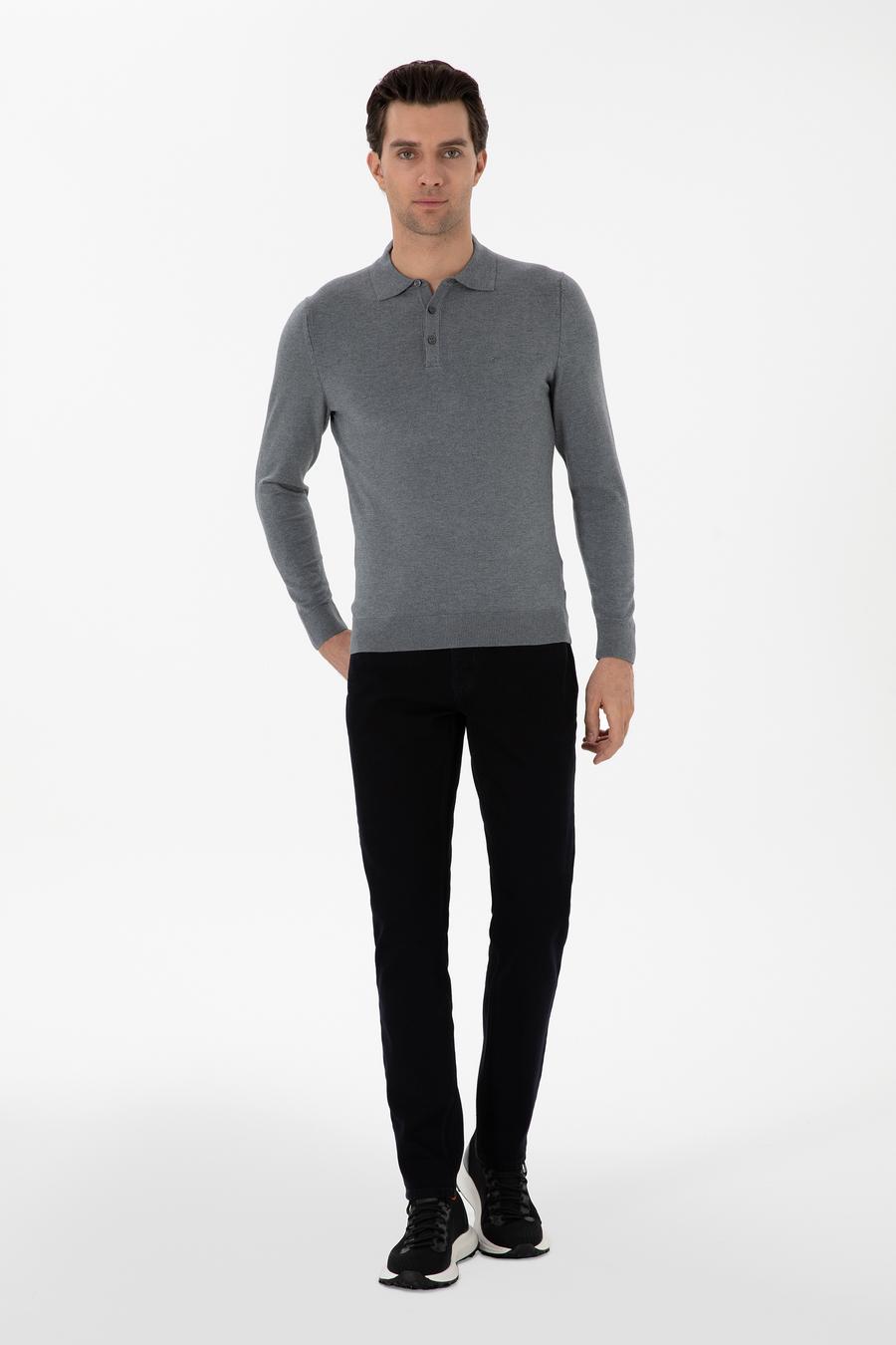 Gri Slim Fit Polo Yaka Triko Kazak - 50311800004