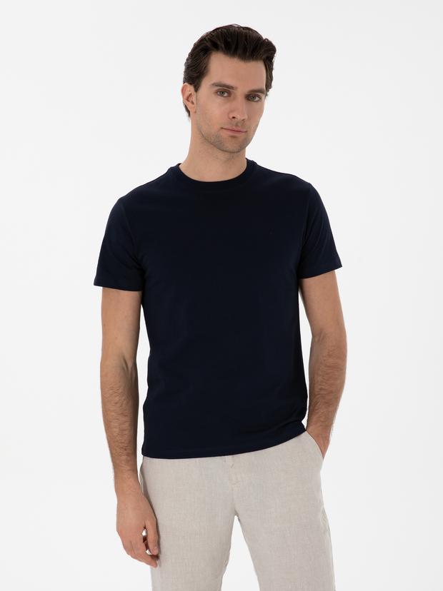 Lacivert Slim Fit Bisiklet Yaka Pamuk Basic T-shirt