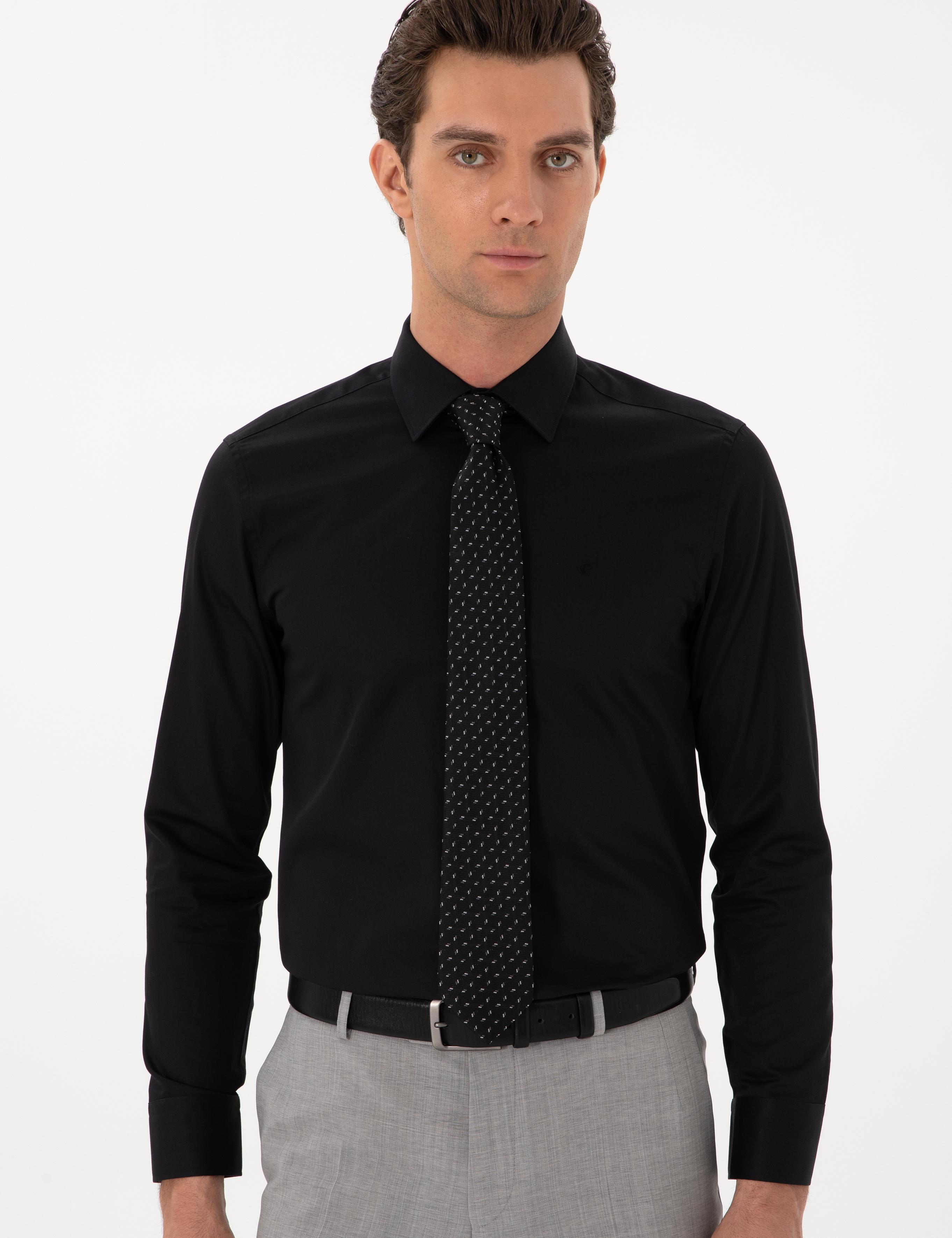 Siyah Slim Fit Uzun Kollu Basic Gömlek - 50270154077