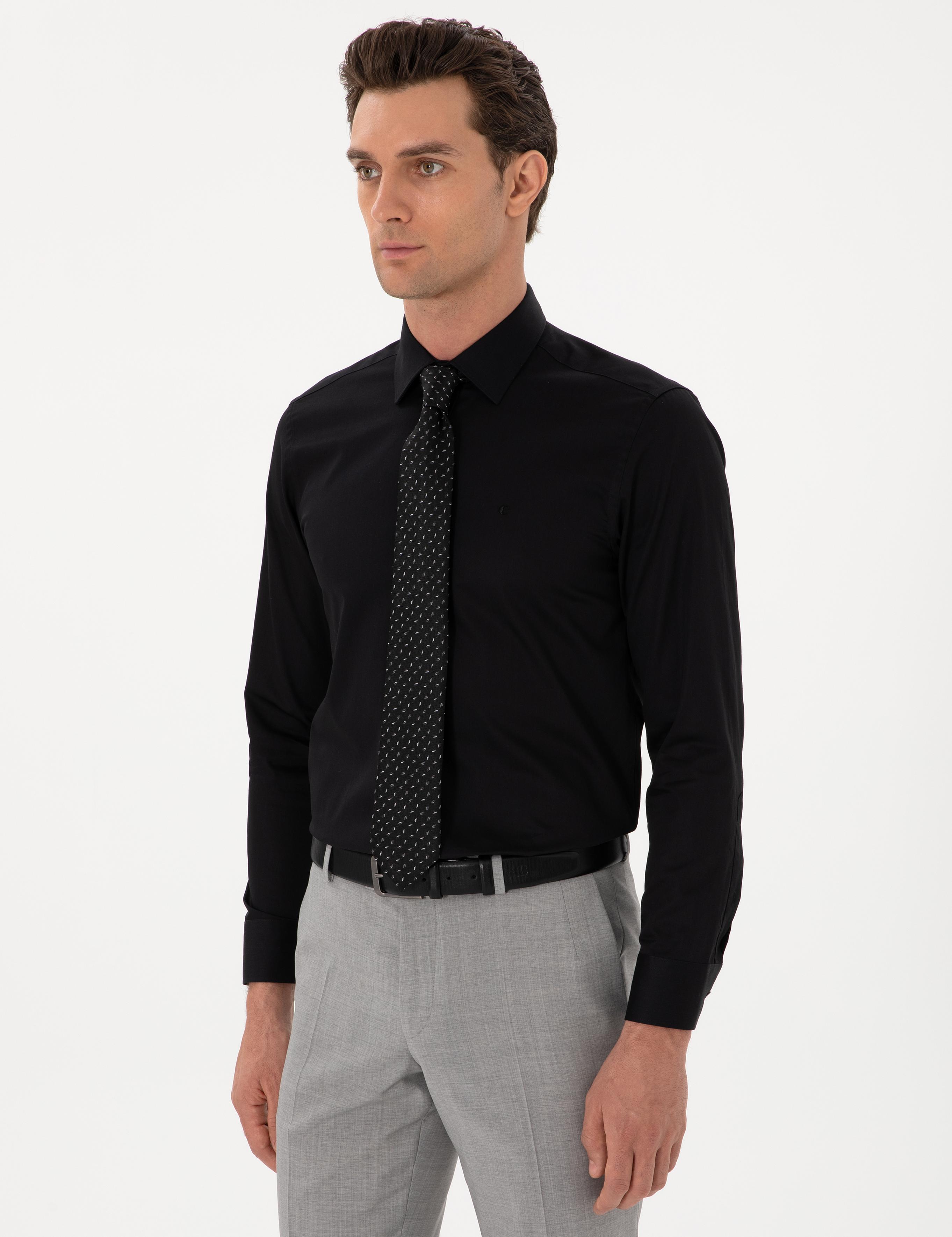 Siyah Slim Fit Uzun Kollu Basic Gömlek - 50270154077