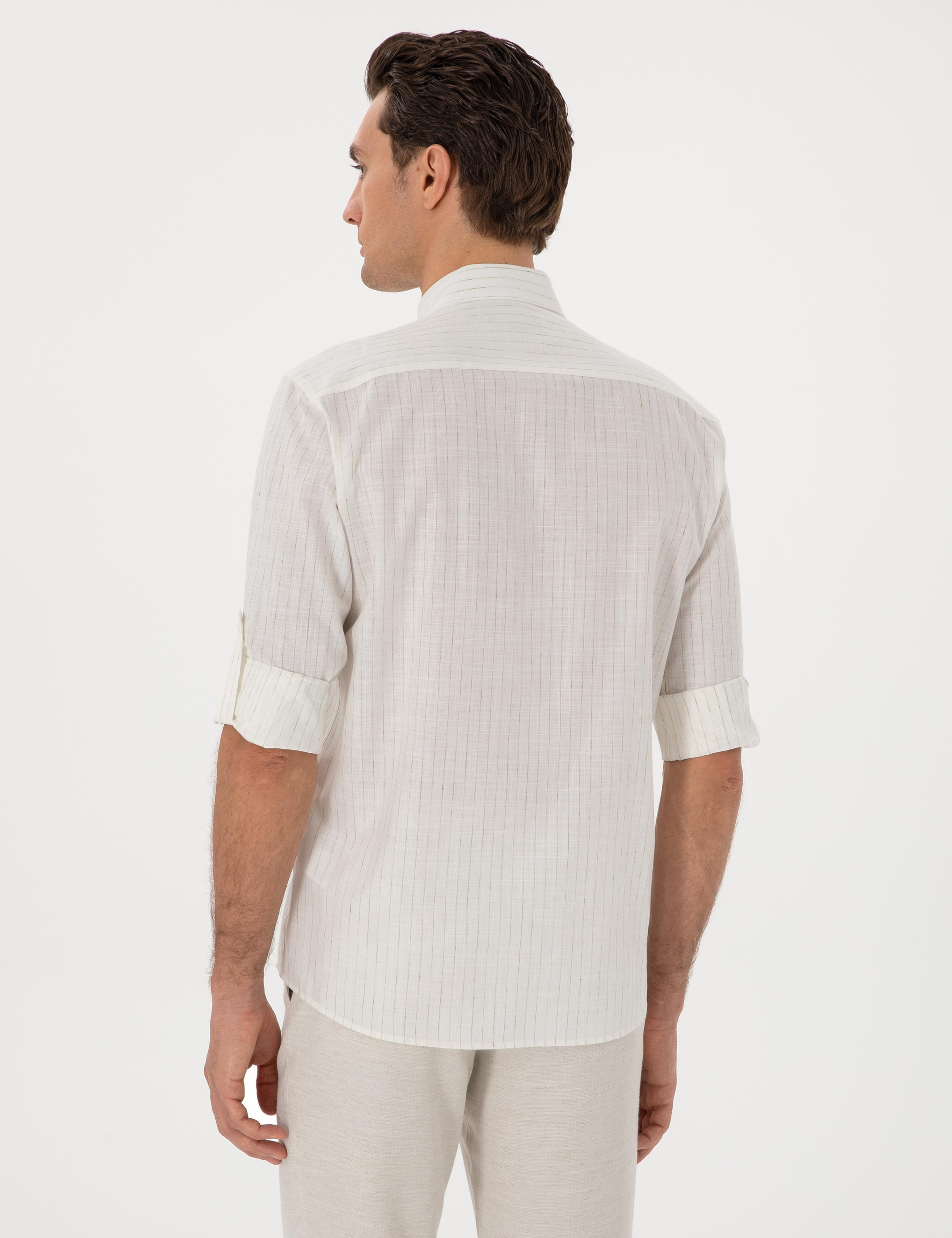 Haki Regular Fit Keten Karışımlı Çizgili Gömlek - 50300578025