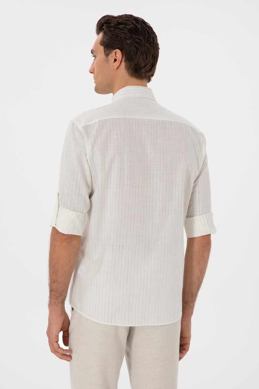 Haki Regular Fit Keten Karışımlı Çizgili Gömlek - 50300578025