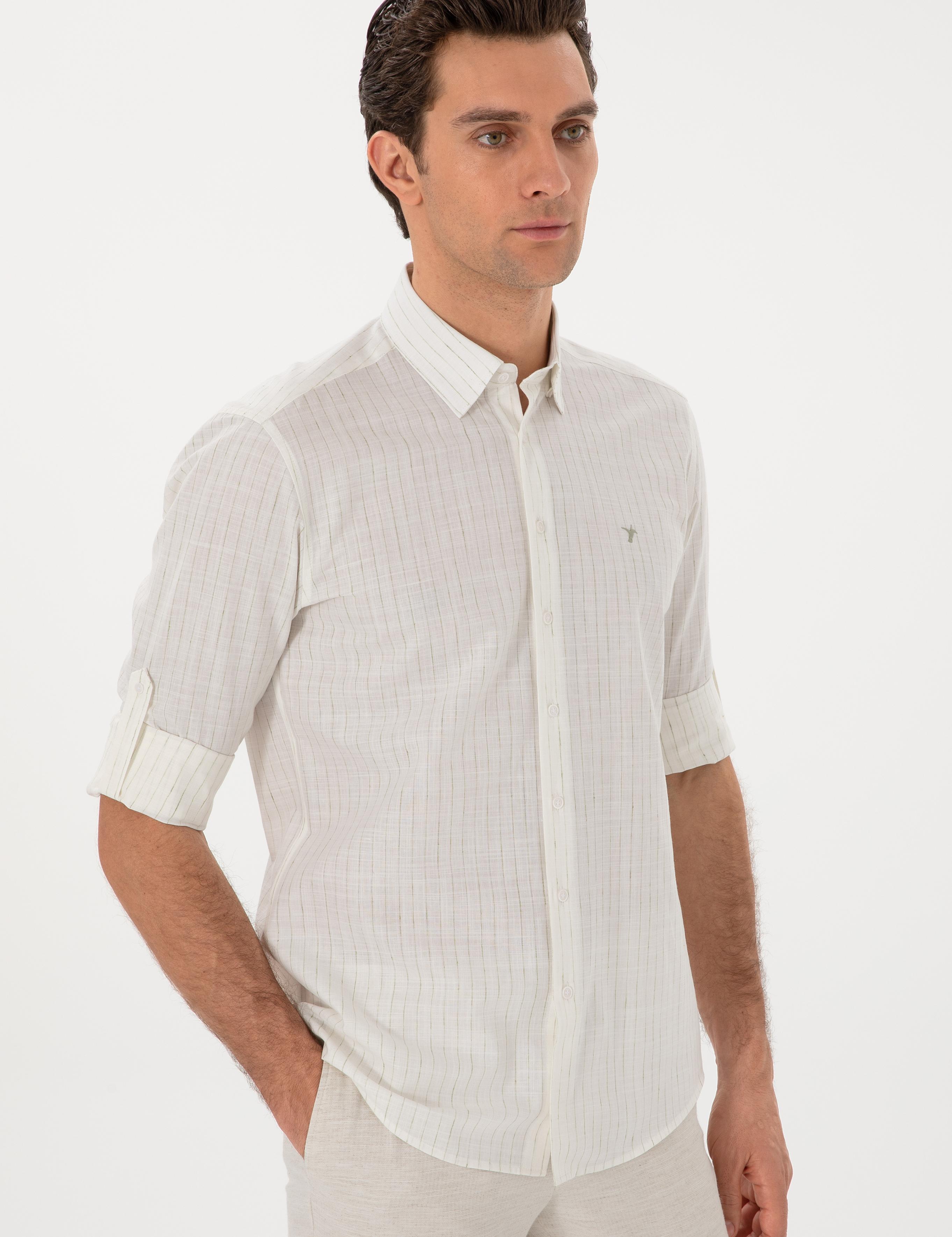 Haki Regular Fit Keten Karışımlı Çizgili Gömlek - 50300578025