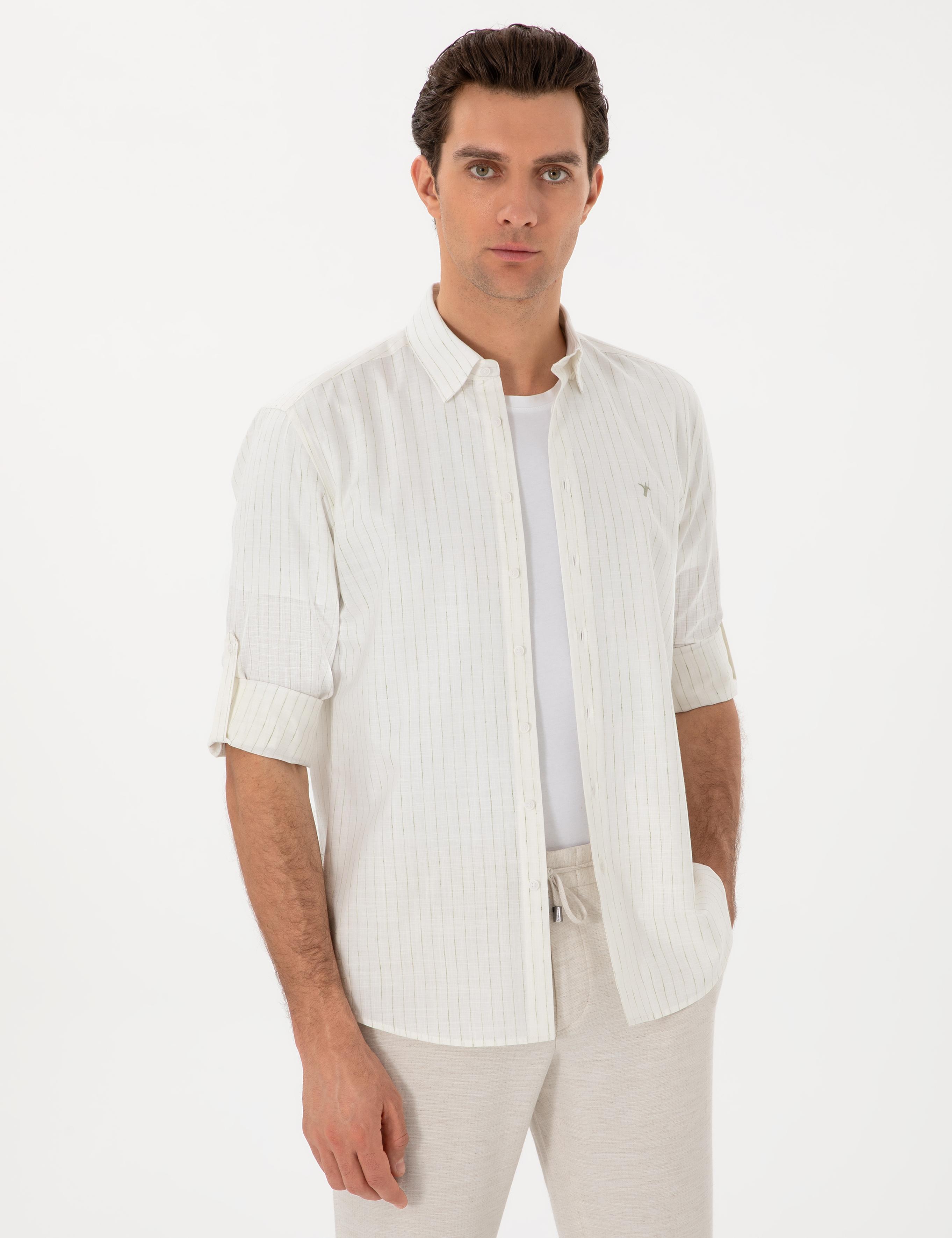 Haki Regular Fit Keten Karışımlı Çizgili Gömlek - 50300578025