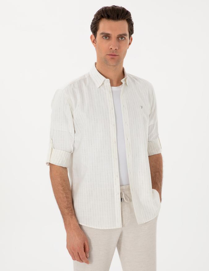 Haki Regular Fit Keten Karışımlı Çizgili Gömlek