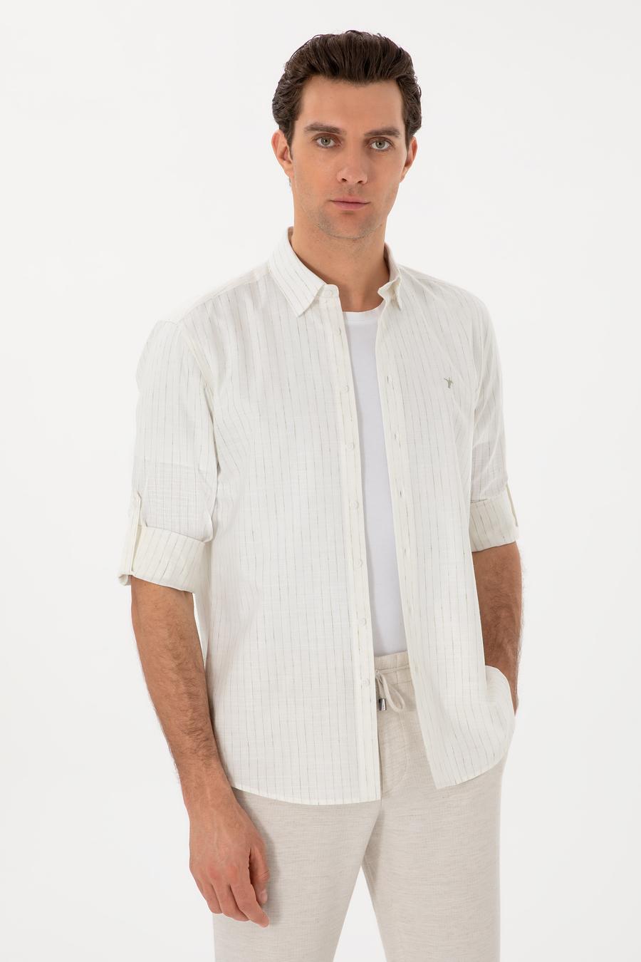 Haki Regular Fit Keten Karışımlı Çizgili Gömlek - 50300578025
